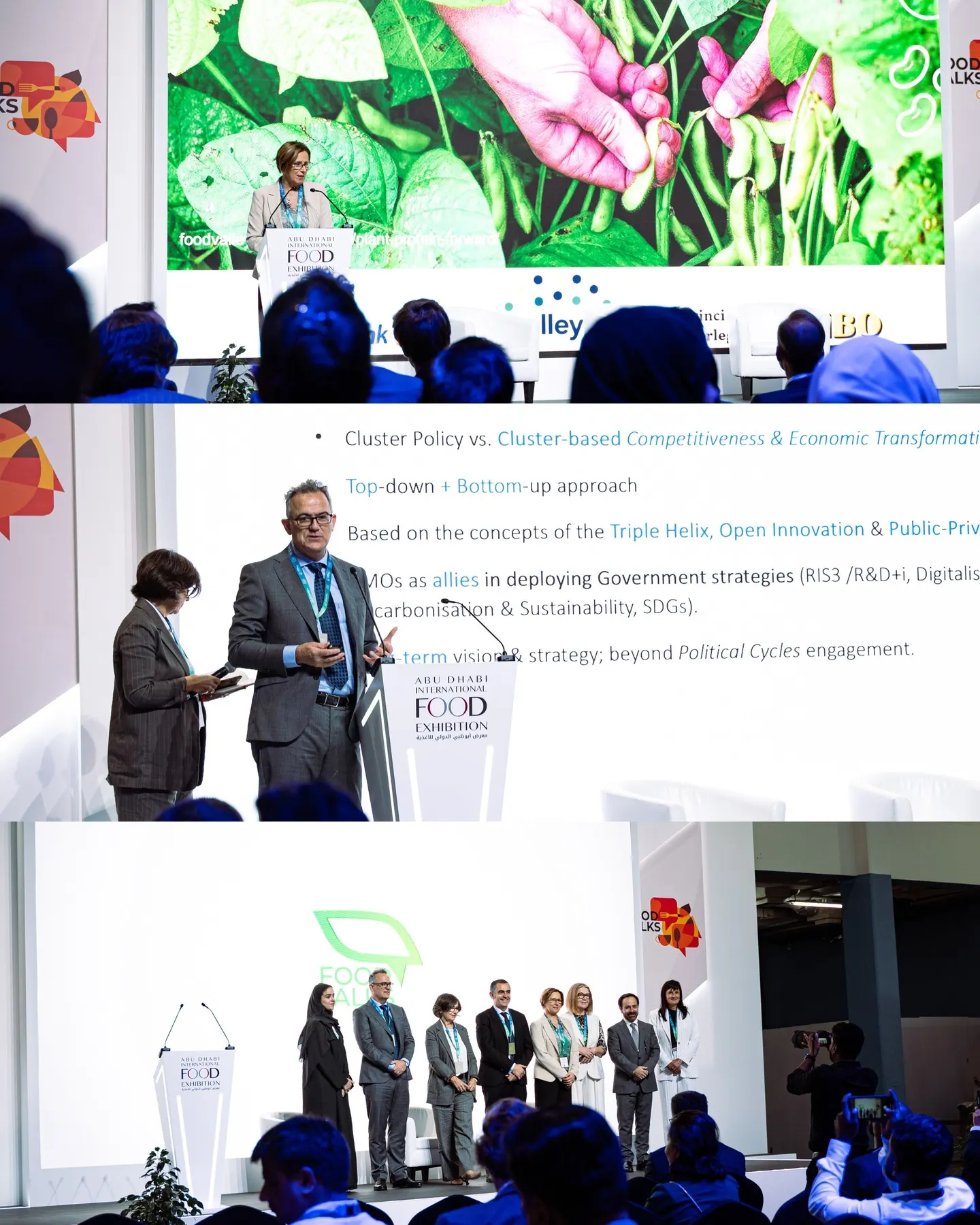 Three photographs from a food industry exhibition: a speaker at a lectern beneath a screen of green crops, a presenter beside a slide, and eight speakers lined up on stage